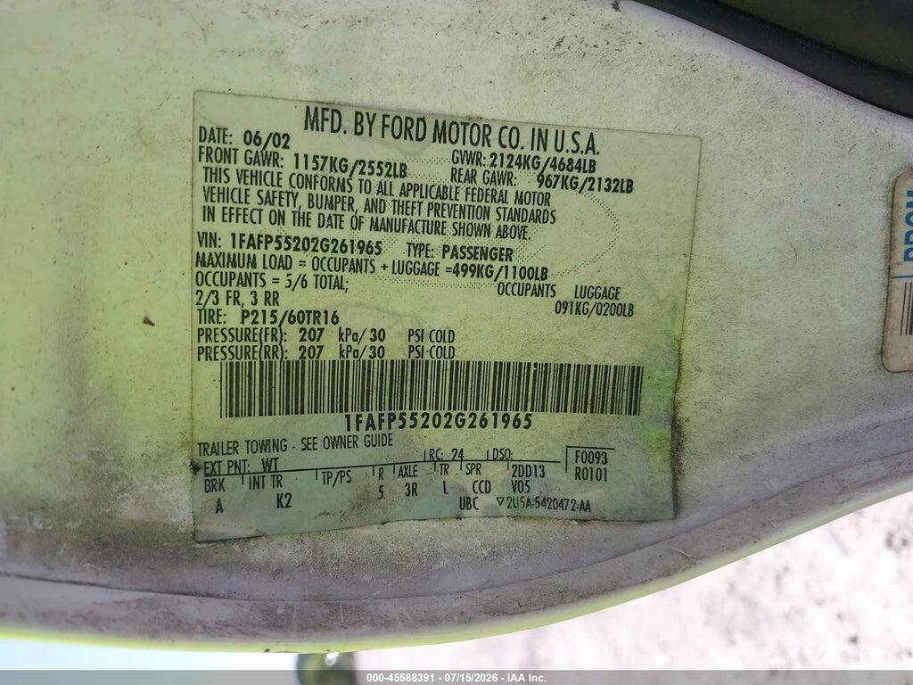 1FAFP55202G261965 2002 FORD TAURUS photo no. 9