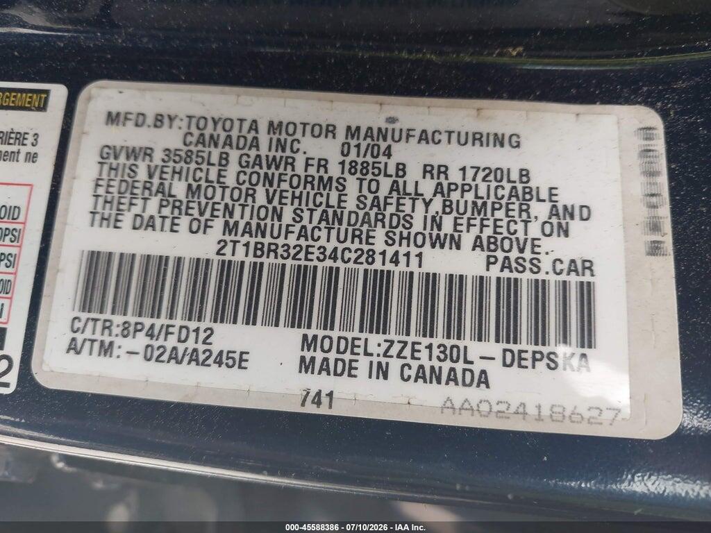 2T1BR32E34C281411 2004 TOYOTA COROLLA photo no. 9