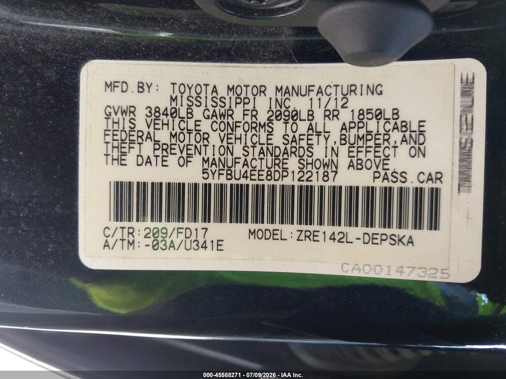 5YFBU4EE8DP122187 2013 TOYOTA COROLLA photo no. 9