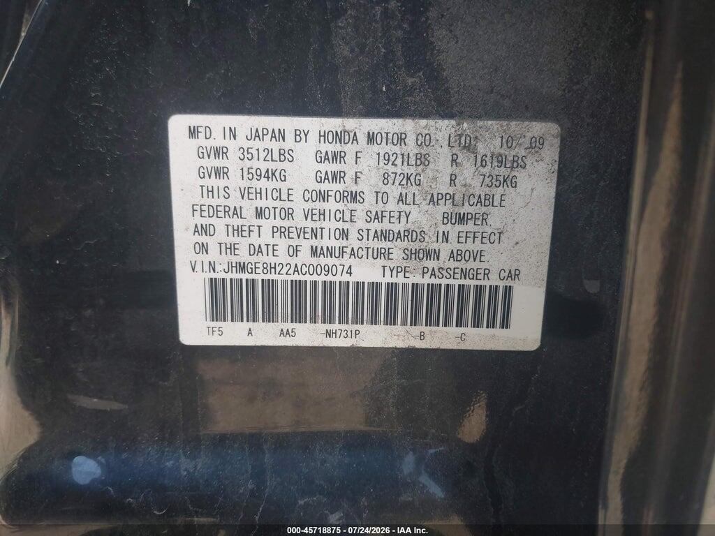 JHMGE8H22AC009074 2010 HONDA FIT photo no. 9