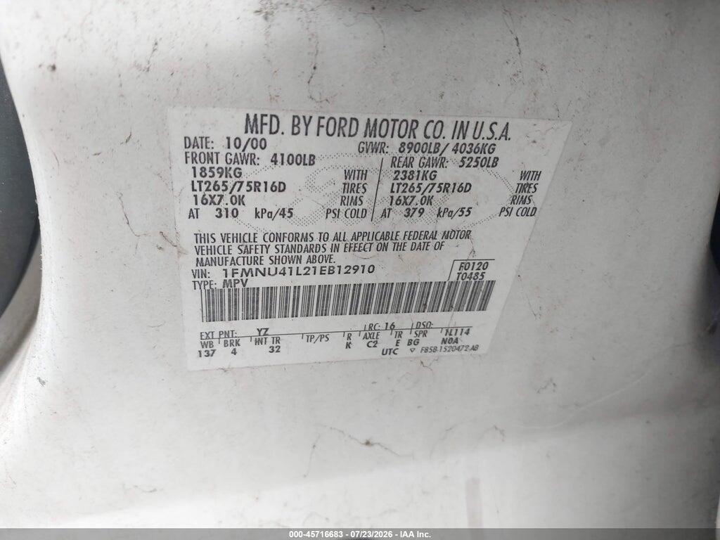 1FMNU41L21EB12910 2001 FORD EXCURSION photo no. 9
