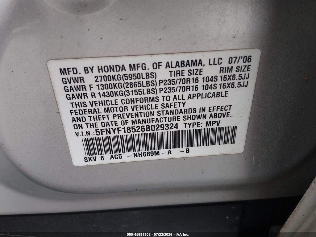 5FNYF18526B029324 2006 HONDA PILOT photo no. 9