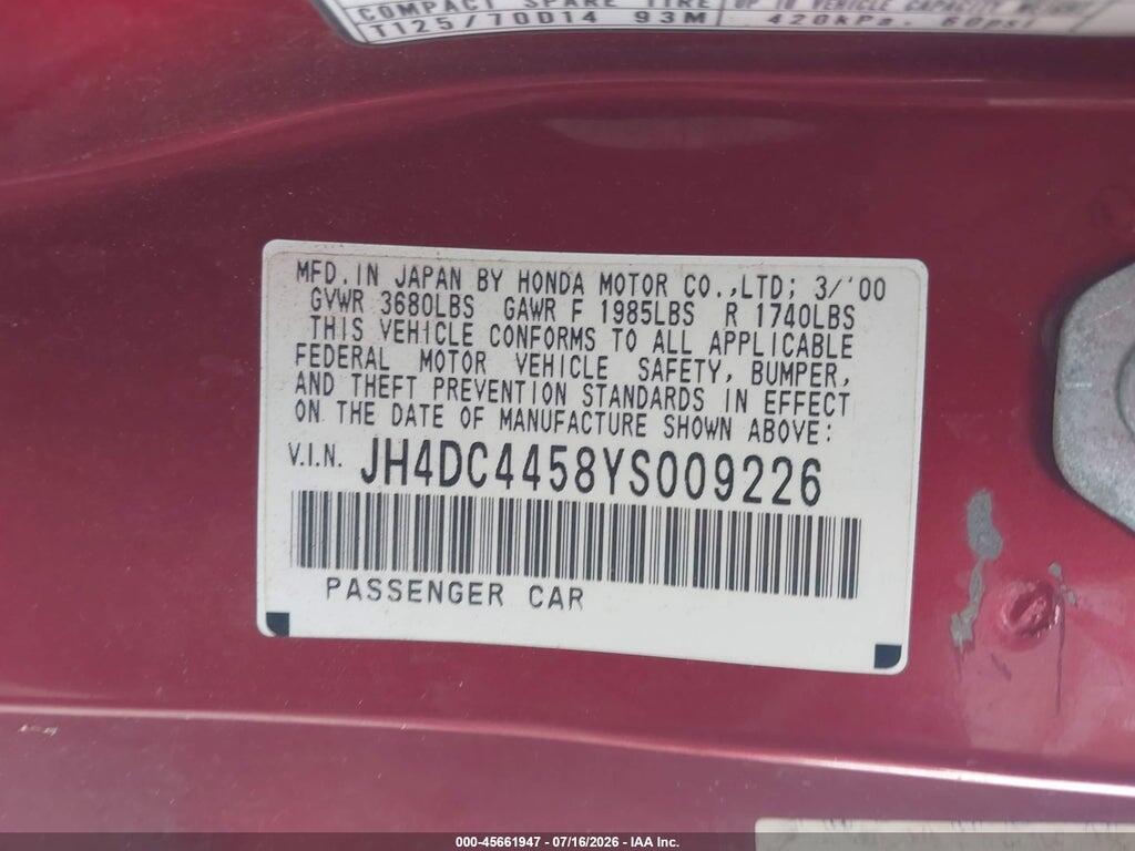 JH4DC4458YS009226 2000 ACURA INTEGRA photo no. 9