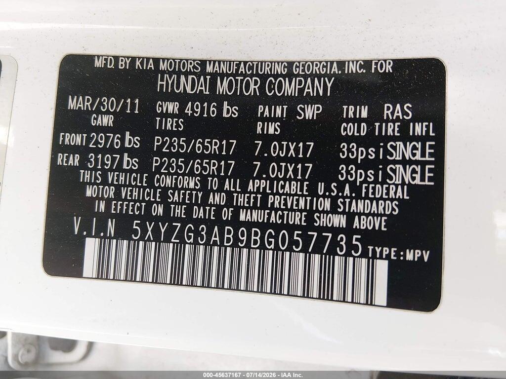 5XYZG3AB9BG057735 2011 HYUNDAI SANTA FE photo no. 9