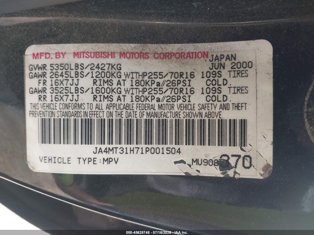 JA4MT31H71P001504 2001 MITSUBISHI MONTERO SPORT photo no. 9