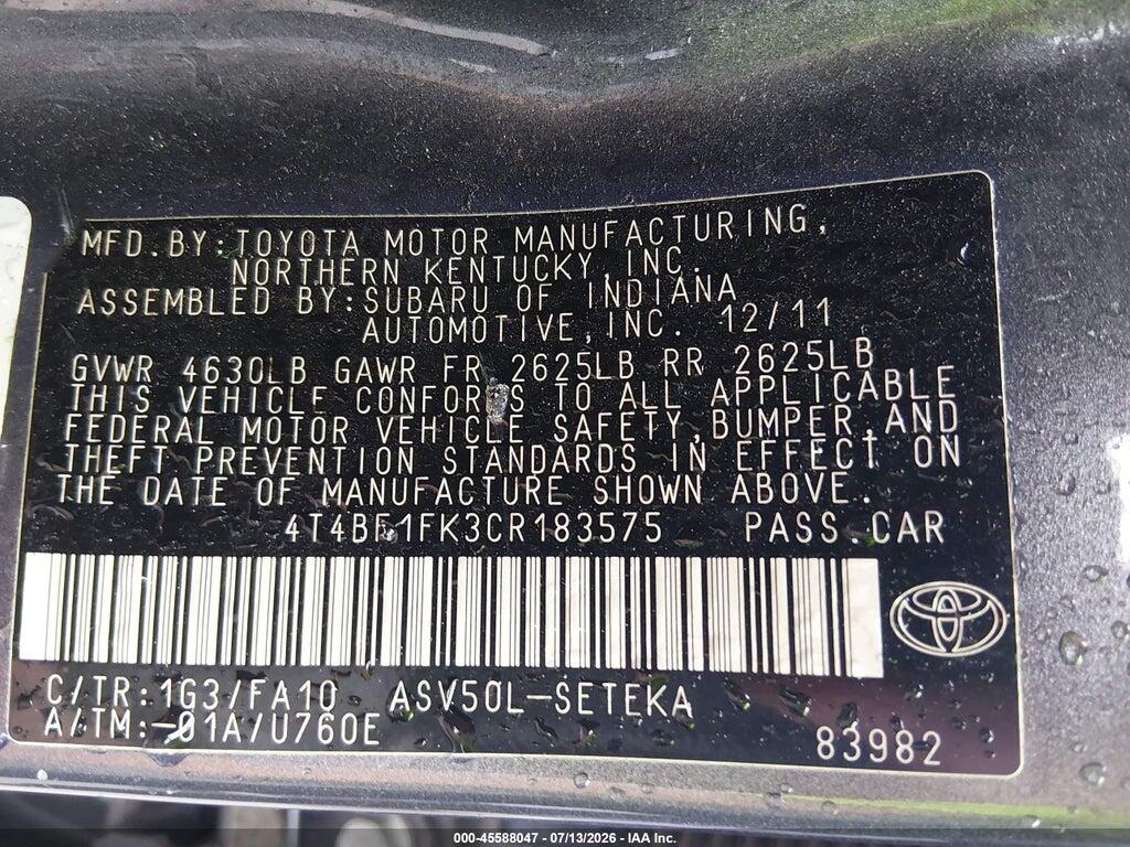 4T4BF1FK3CR183575 2012 TOYOTA CAMRY photo no. 9