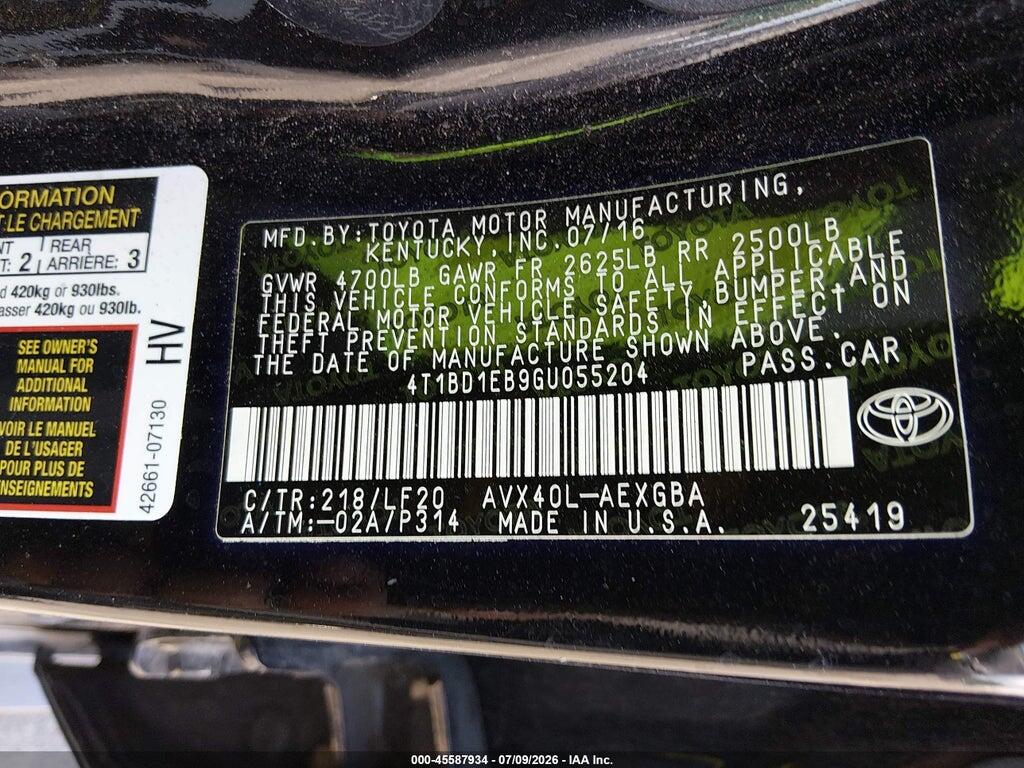 4T1BD1EB9GU055204 2016 TOYOTA AVALON HYBRID photo no. 9