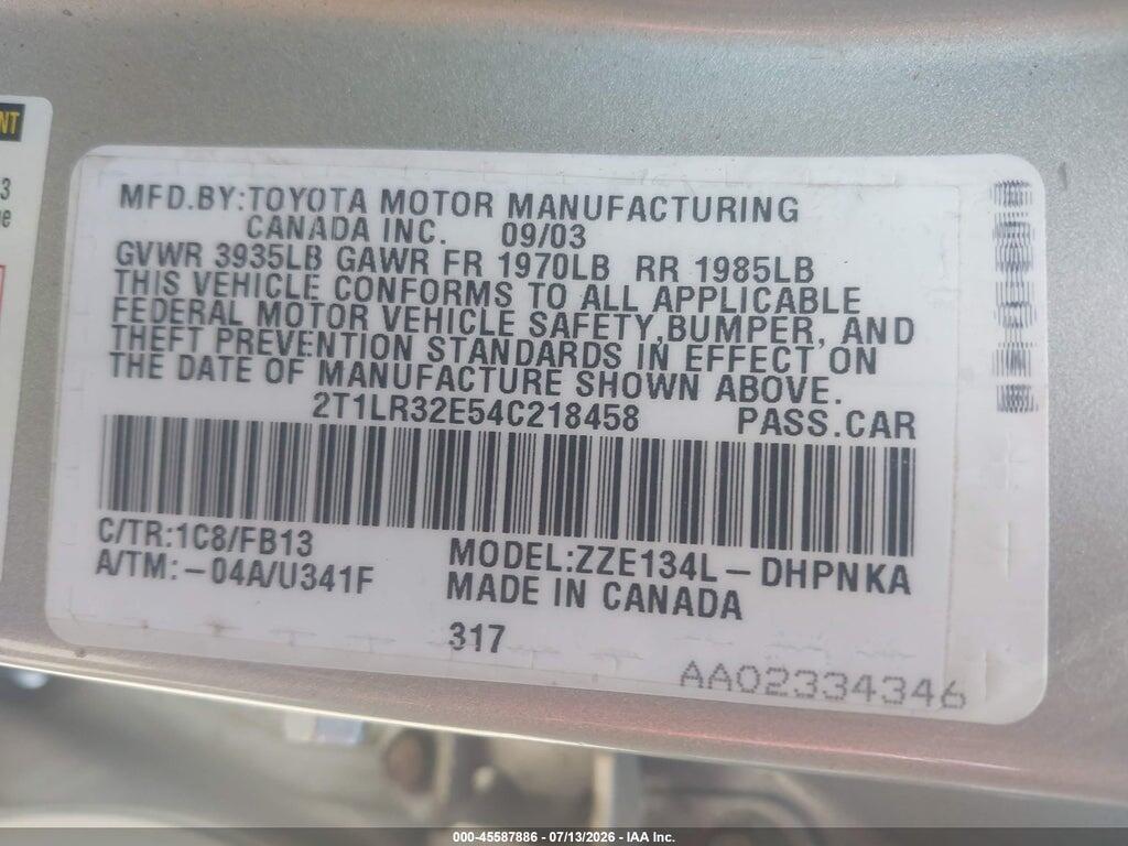 2T1LR32E54C218458 2004 TOYOTA MATRIX photo no. 9
