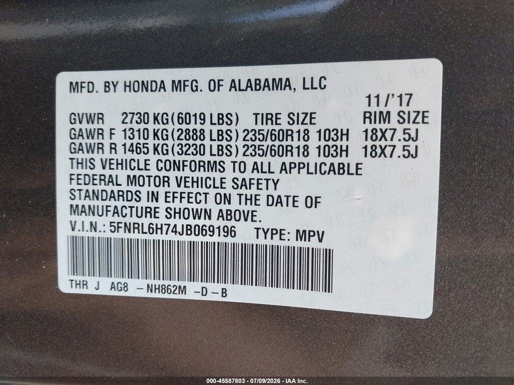 5FNRL6H74JB069196 2018 HONDA ODYSSEY photo no. 9