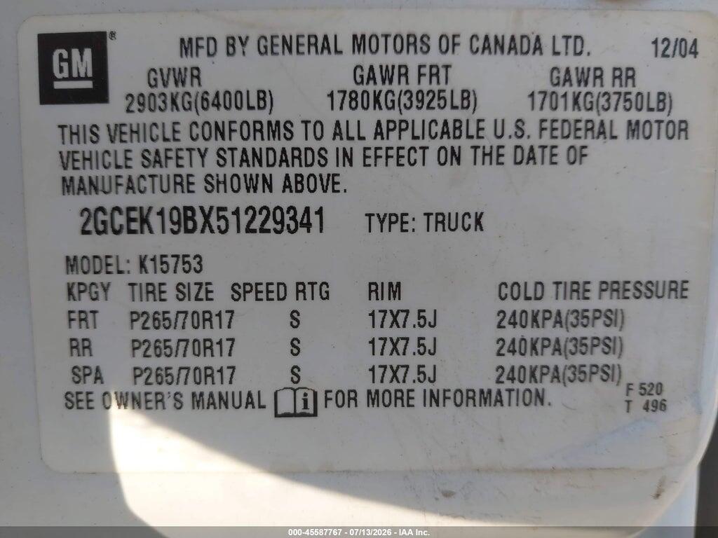 2GCEK19BX51229341 2005 CHEVROLET SILVERADO 1500 photo no. 9