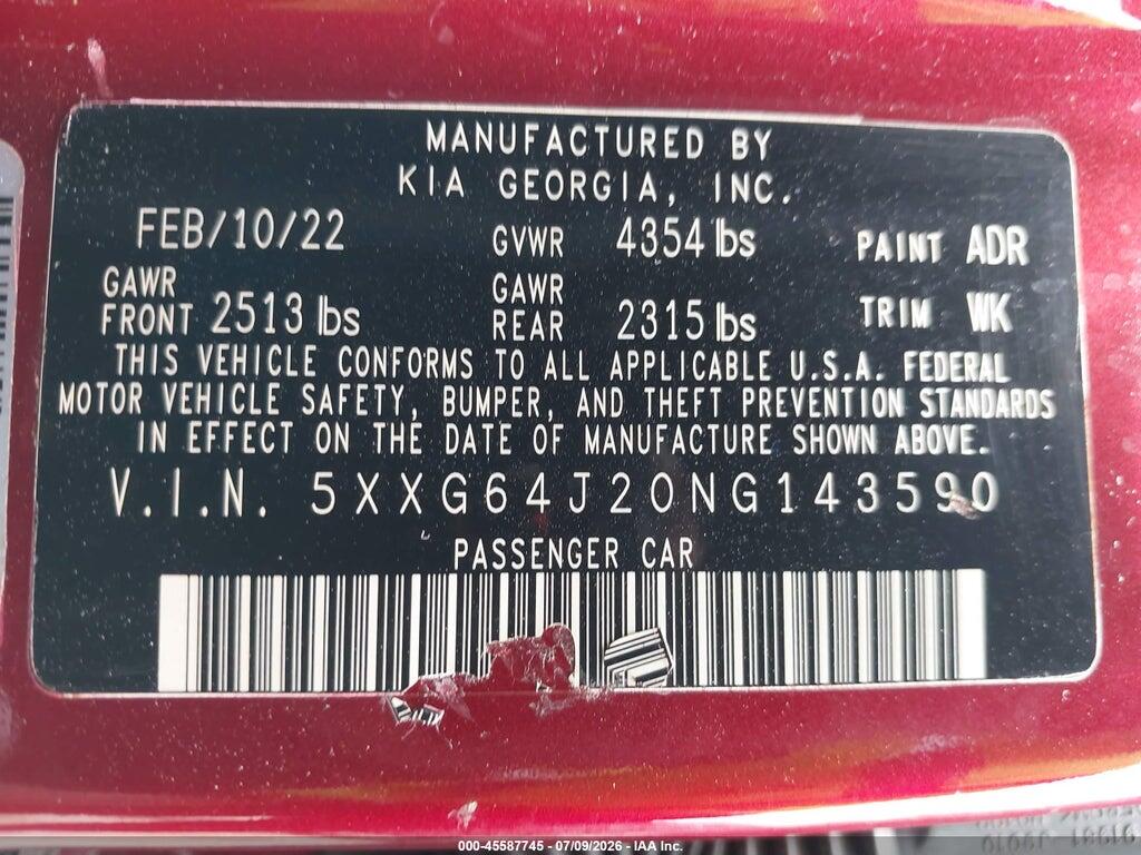5XXG64J20NG143590 2022 KIA K5 photo no. 9