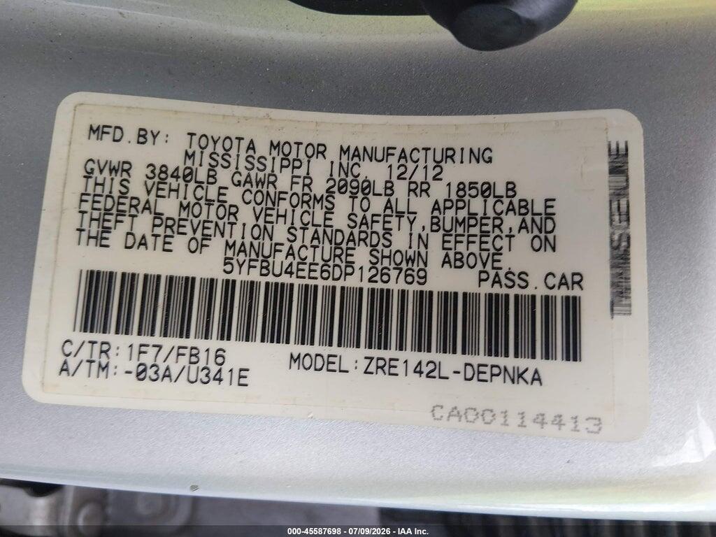 5YFBU4EE6DP126769 2013 TOYOTA COROLLA photo no. 9