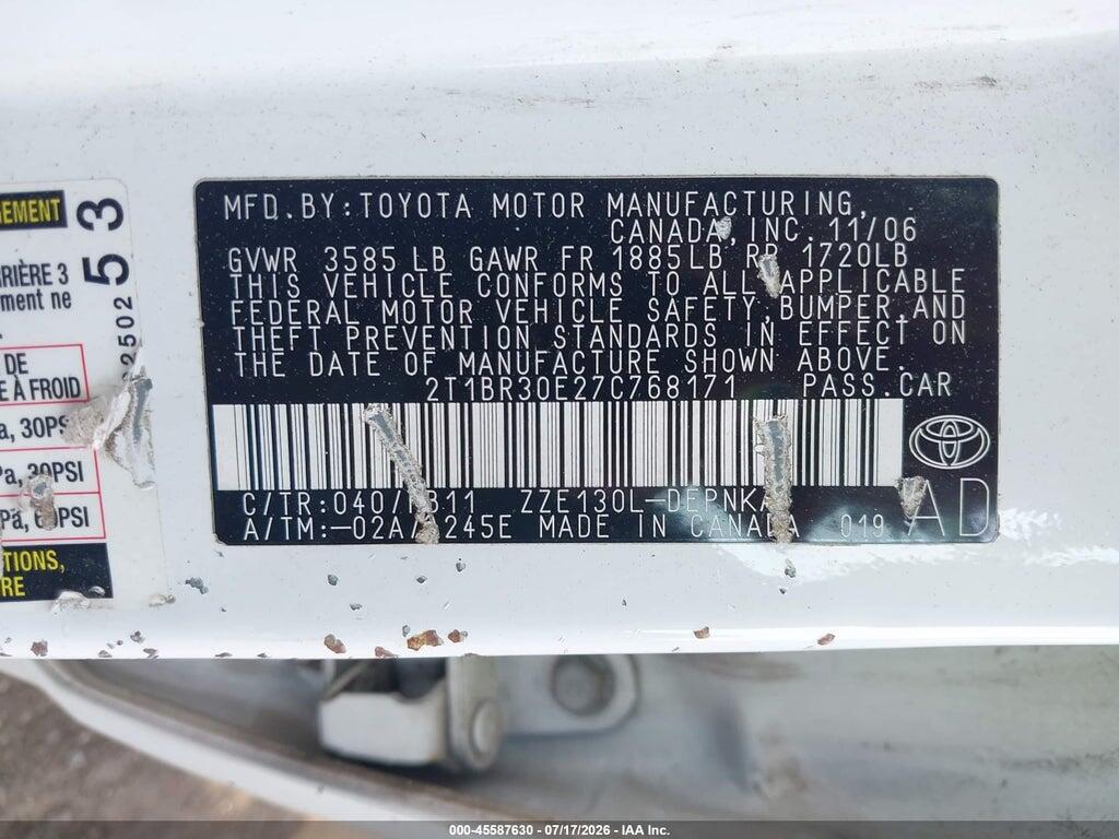 2T1BR30E27C768171 2007 TOYOTA COROLLA photo no. 9