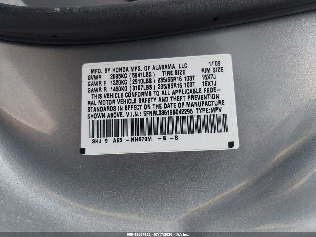 5FNRL38619B042295 2009 HONDA ODYSSEY photo no. 9