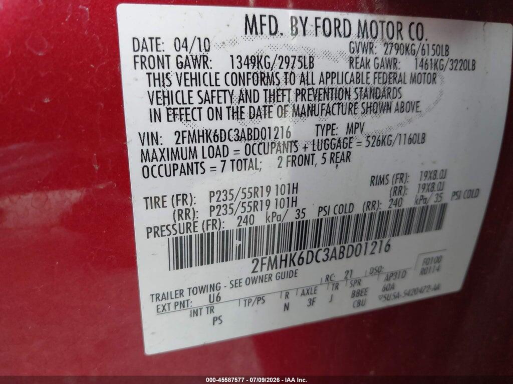 2FMHK6DC3ABD01216 2010 FORD FLEX photo no. 9