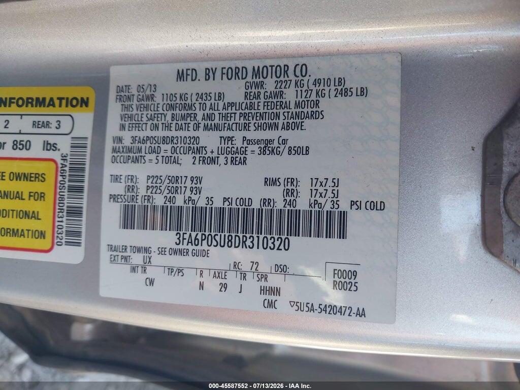 3FA6P0SU8DR310320 2013 FORD FUSION ENERGI photo no. 9