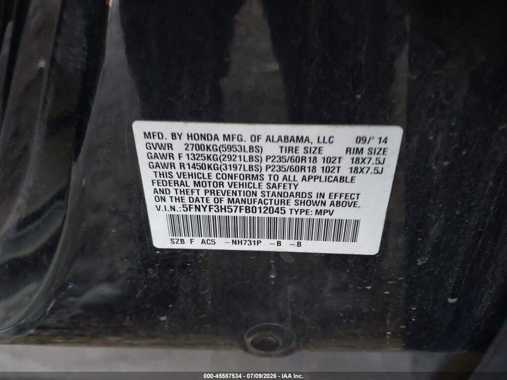 5FNYF3H57FB012045 2015 HONDA PILOT photo no. 9