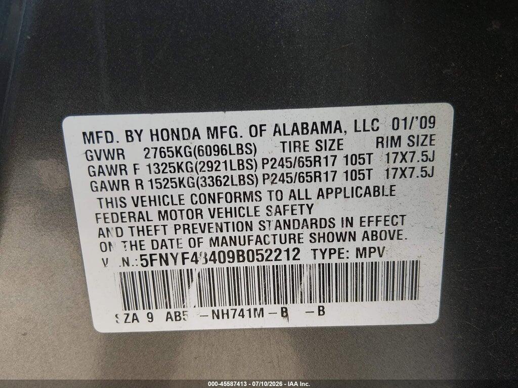 5FNYF48409B052212 2009 HONDA PILOT photo no. 9