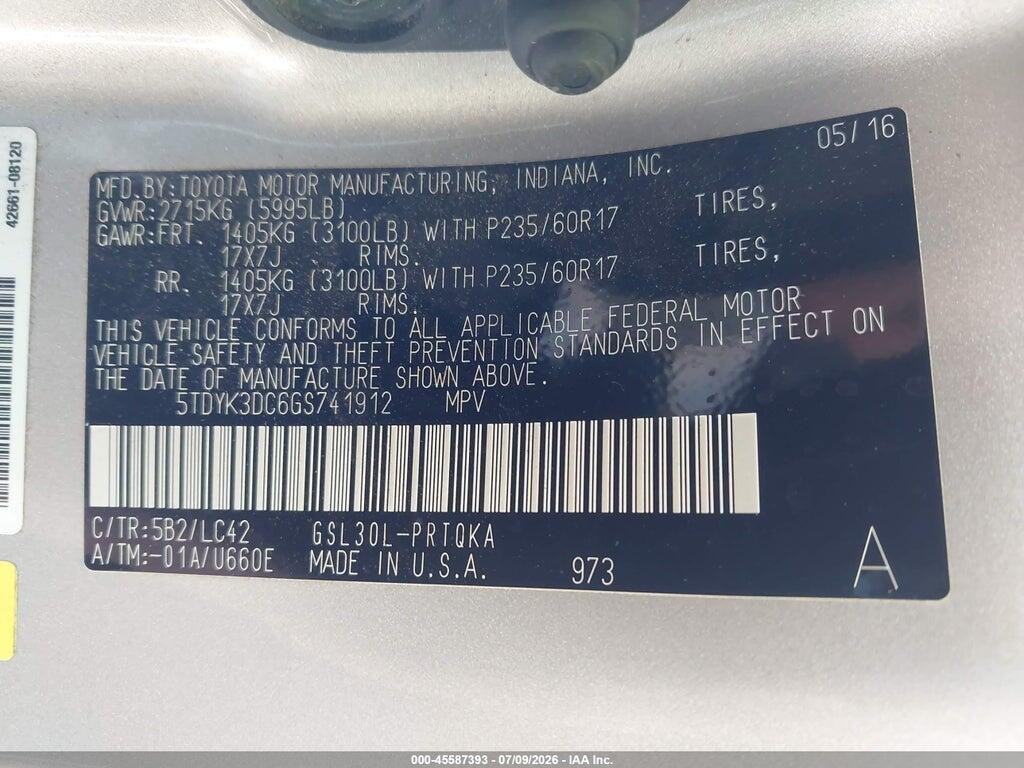 5TDYK3DC6GS741912 2016 TOYOTA SIENNA photo no. 9