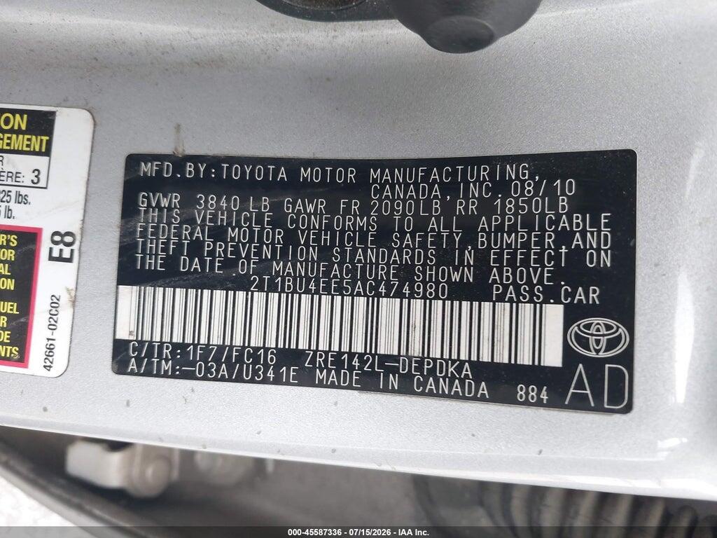 2T1BU4EE5AC474980 2010 TOYOTA COROLLA photo no. 9