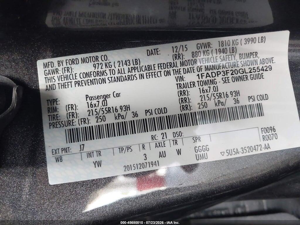1FADP3F20GL255429 2016 FORD FOCUS photo no. 9