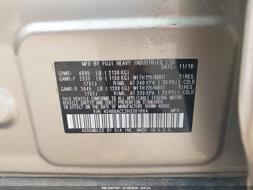 4S4BSACC2H3301664 2017 SUBARU OUTBACK photo no. 9