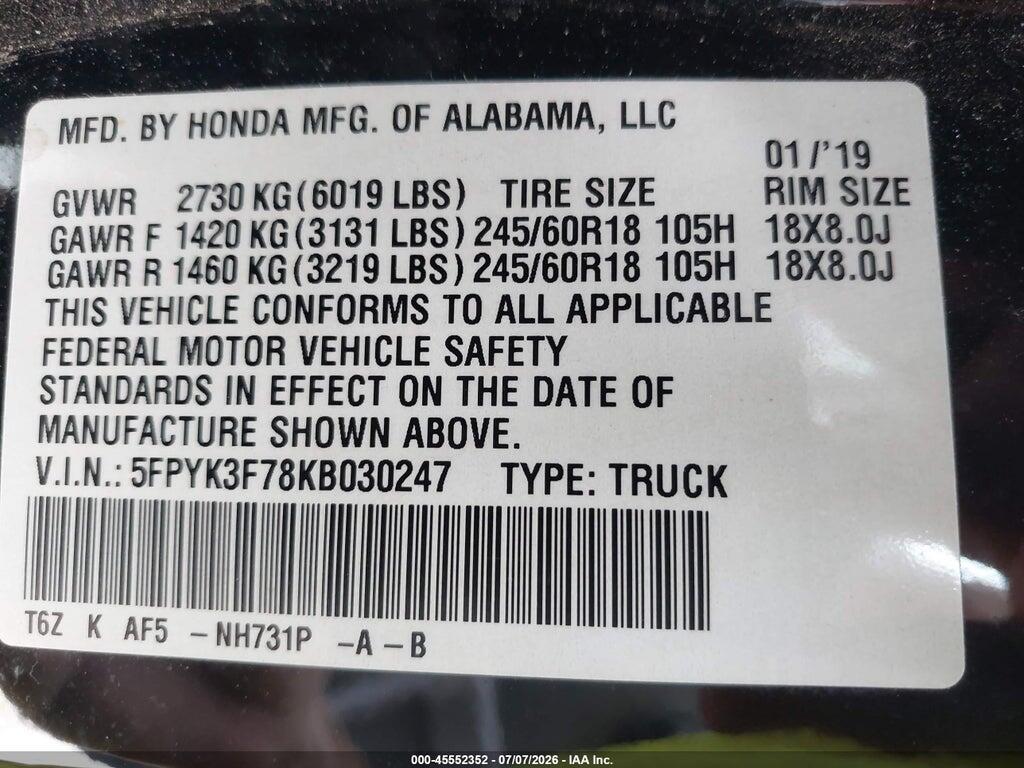 5FPYK3F78KB030247 2019 HONDA RIDGELINE photo no. 9