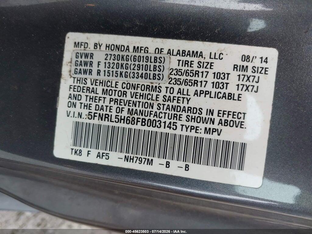 5FNRL5H68FB003145 2015 HONDA ODYSSEY photo no. 9