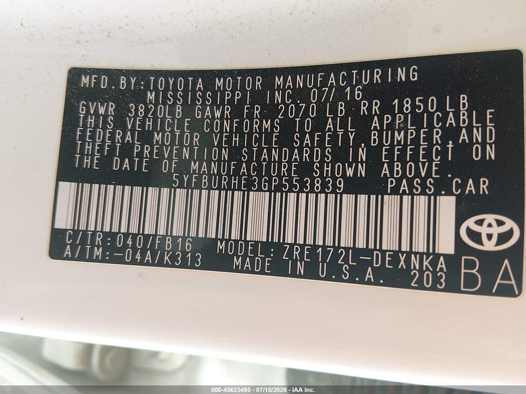 5YFBURHE3GP553839 2016 TOYOTA COROLLA photo no. 9