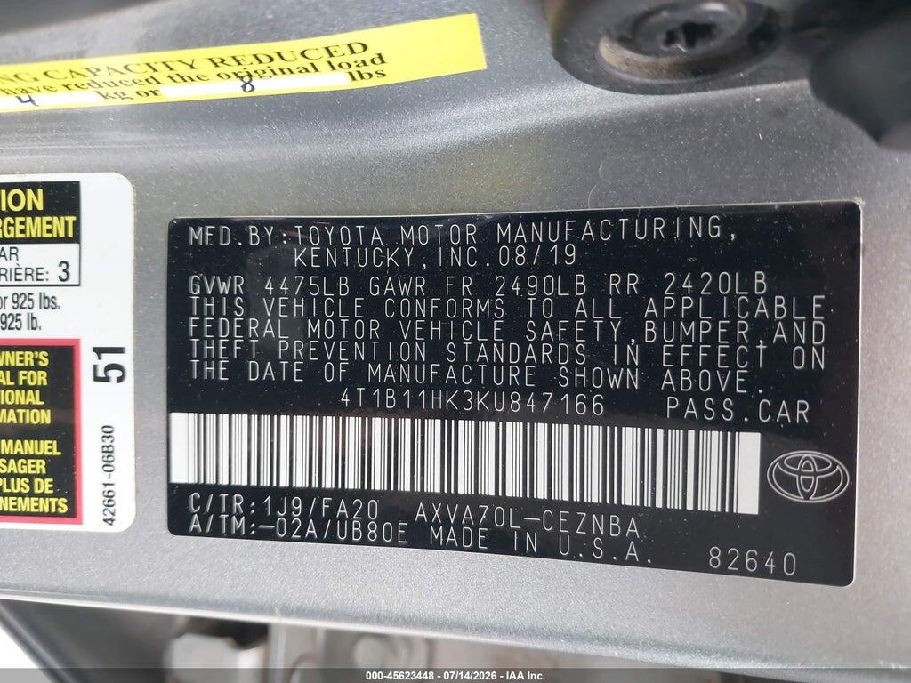 4T1B11HK3KU847166 2019 TOYOTA CAMRY photo no. 9