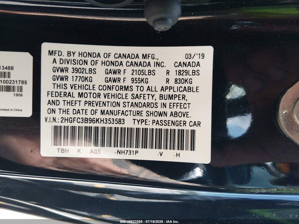 2HGFC3B96KH353583 2019 HONDA CIVIC photo no. 9