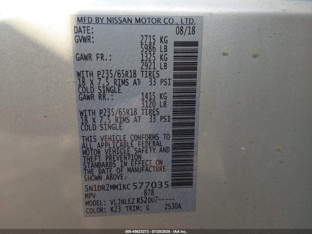 5N1DR2MM1KC577035 2019 NISSAN PATHFINDER photo no. 9