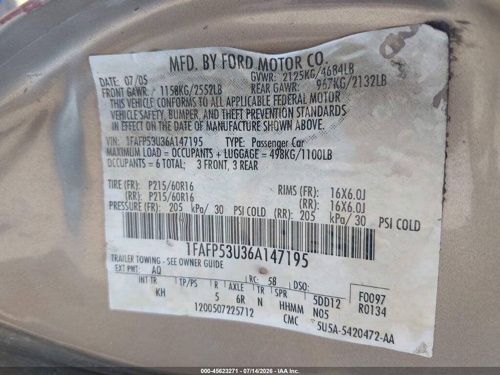 1FAFP53U36A147195 2006 FORD TAURUS photo no. 9