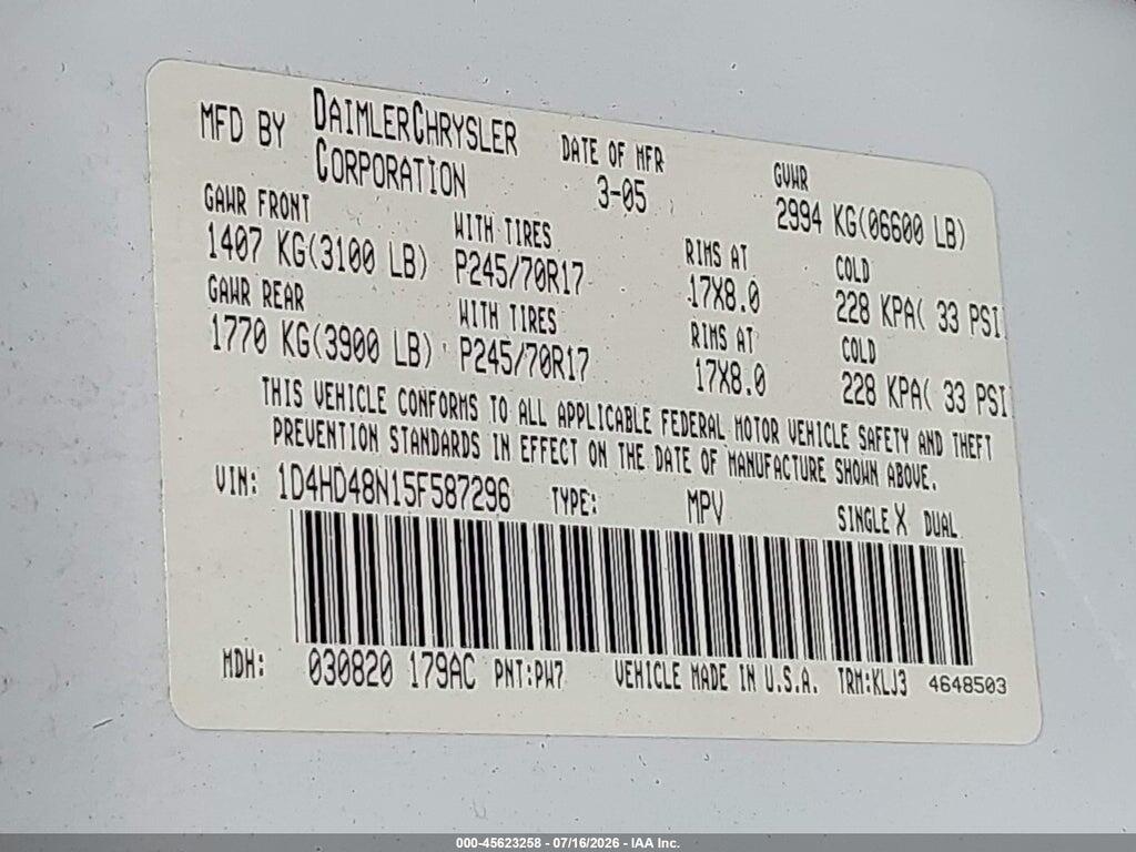 1D4HD48N15F587296 2005 DODGE DURANGO photo no. 9