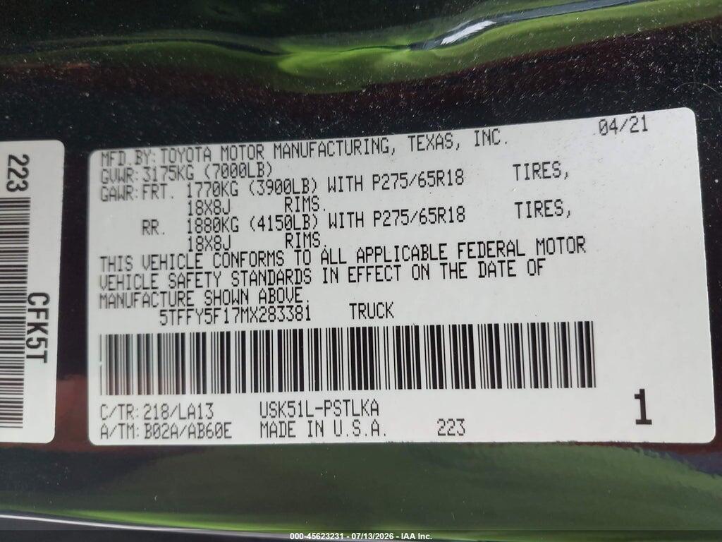 5TFFY5F17MX283381 2021 TOYOTA TUNDRA photo no. 9