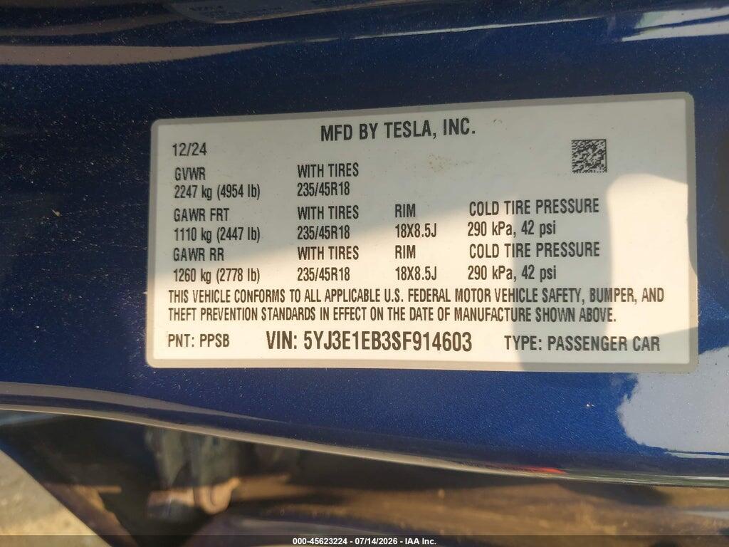 5YJ3E1EB3SF914603 2025 TESLA MODEL 3 photo no. 9