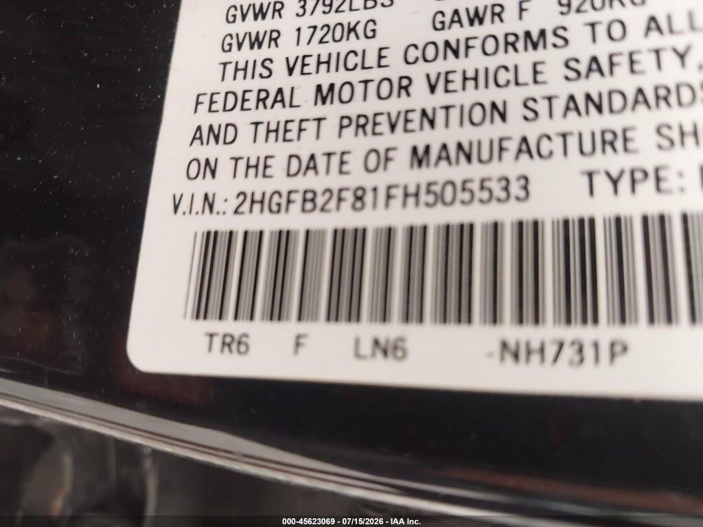 2HGFB2F81FH505533 2015 HONDA CIVIC photo no. 9
