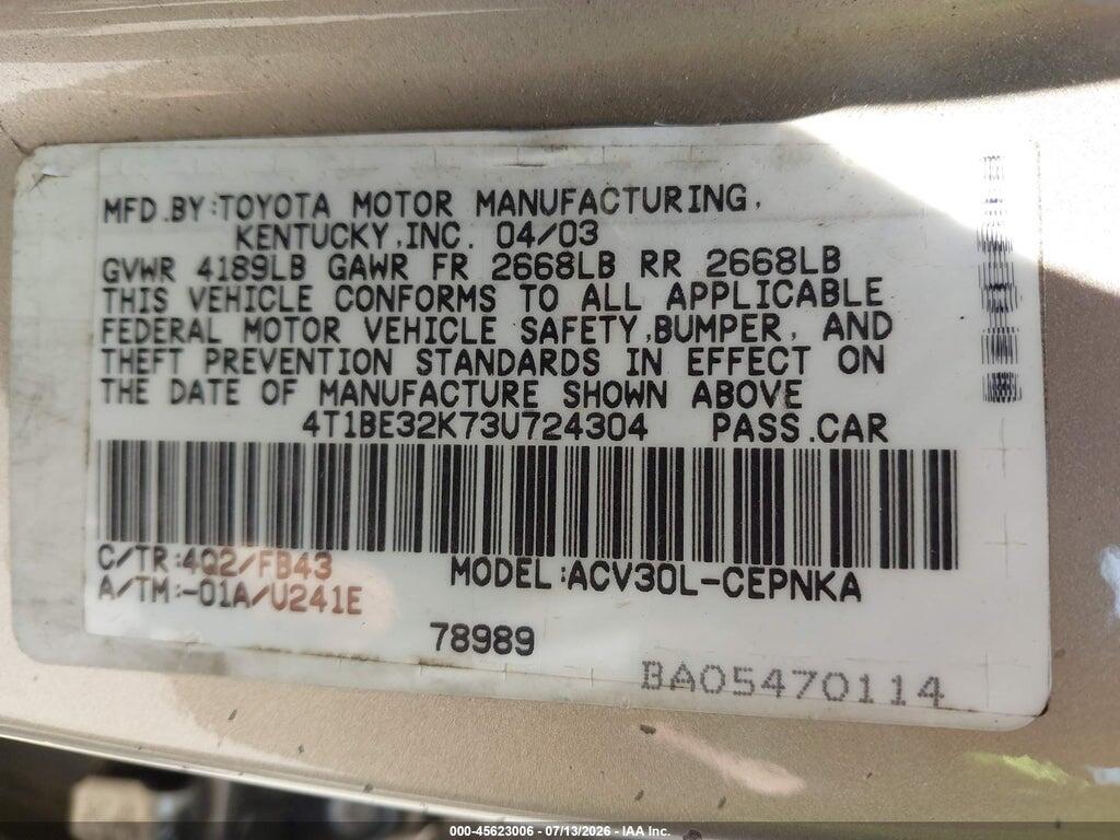 4T1BE32K73U724304 2003 TOYOTA CAMRY photo no. 9