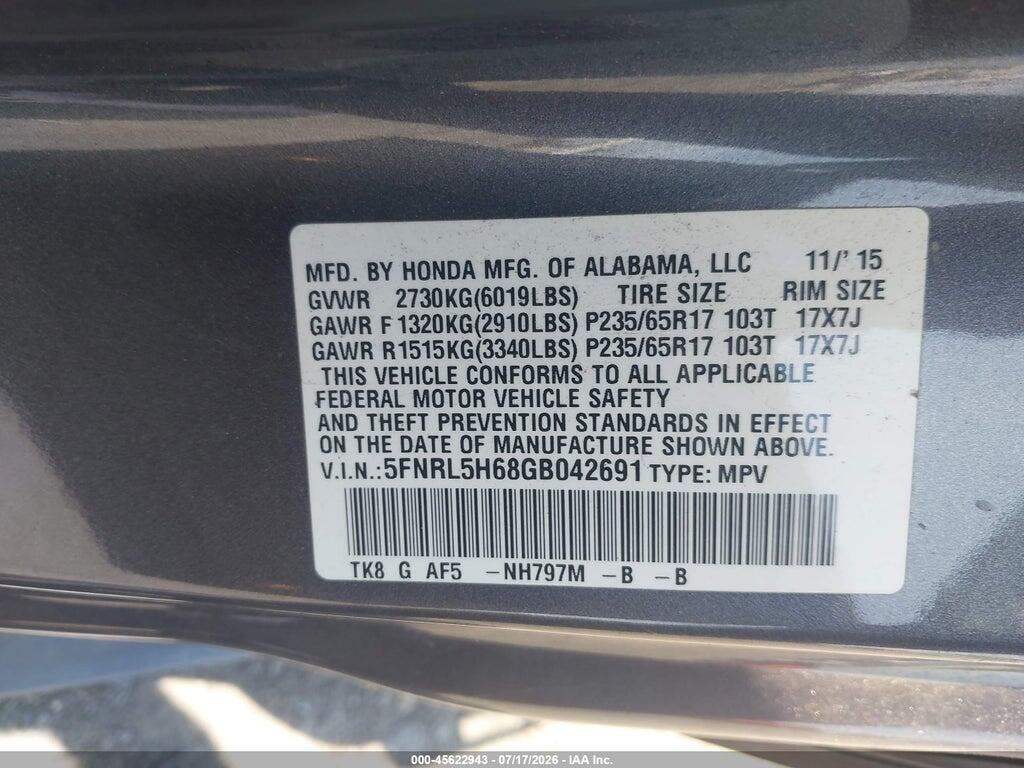 5FNRL5H68GB042691 2016 HONDA ODYSSEY photo no. 9