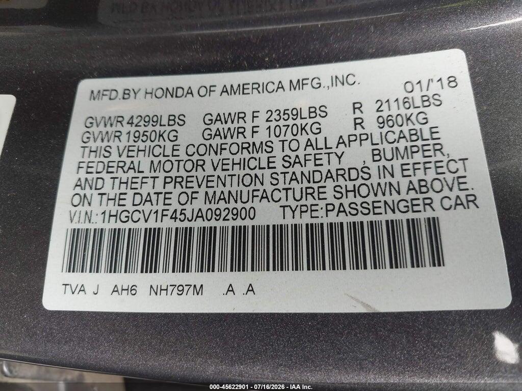 1HGCV1F45JA092900 2018 HONDA ACCORD photo no. 9