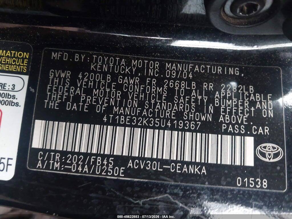 4T1BE32K35U419367 2005 TOYOTA CAMRY photo no. 9