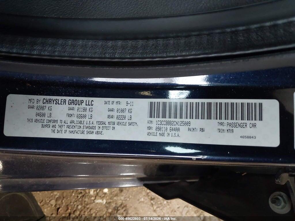 1C3CCBBB2CN125009 2012 CHRYSLER 200 photo no. 9
