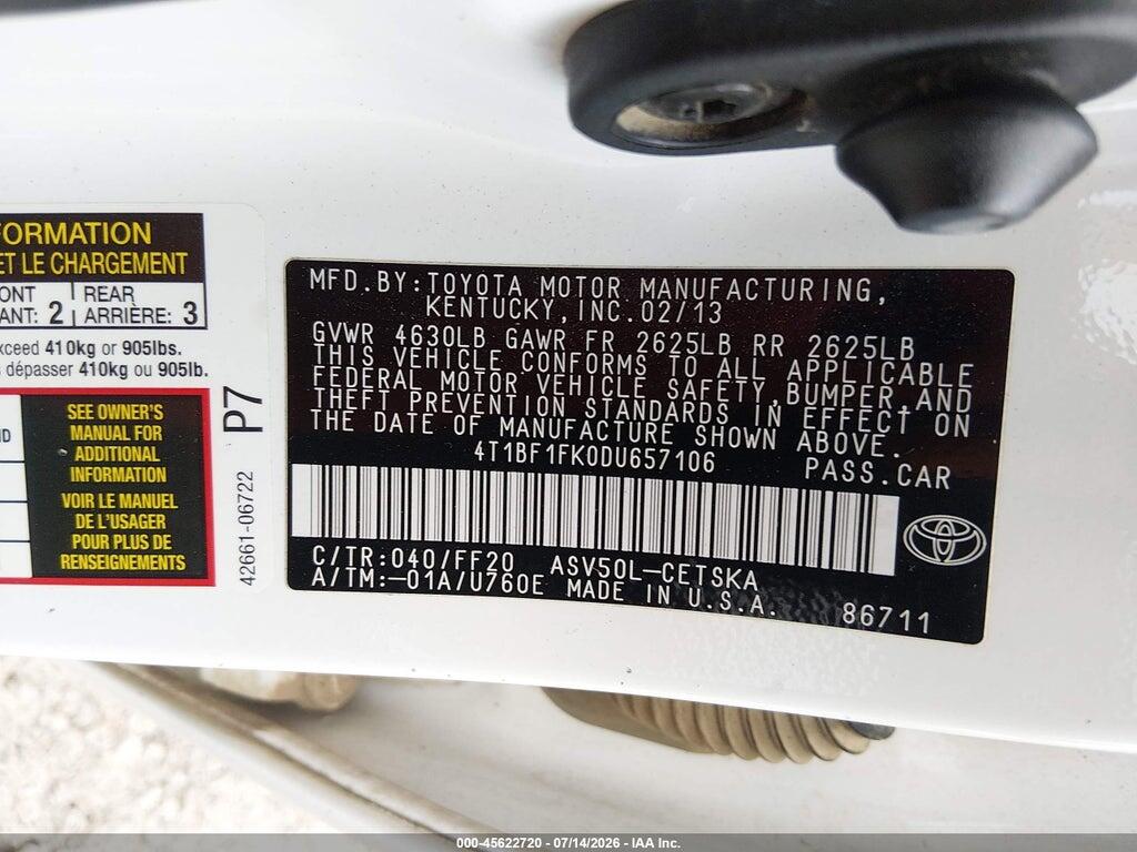 4T1BF1FK0DU657106 2013 TOYOTA CAMRY photo no. 9