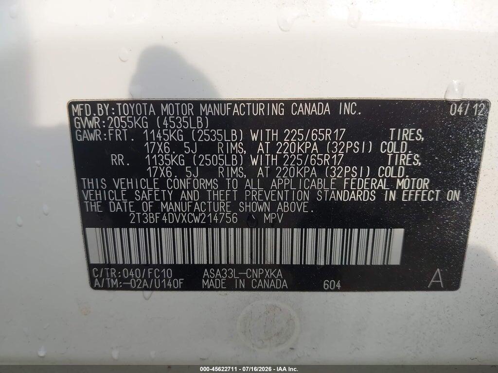 2T3BF4DVXCW214756 2012 TOYOTA RAV4 photo no. 9