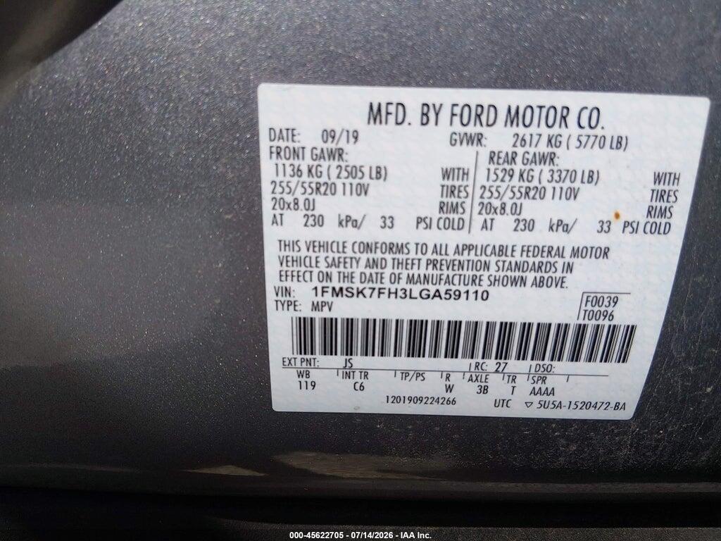 1FMSK7FH3LGA59110 2020 FORD EXPLORER photo no. 9