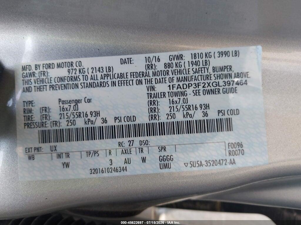 1FADP3F2XGL397464 2016 FORD FOCUS photo no. 9