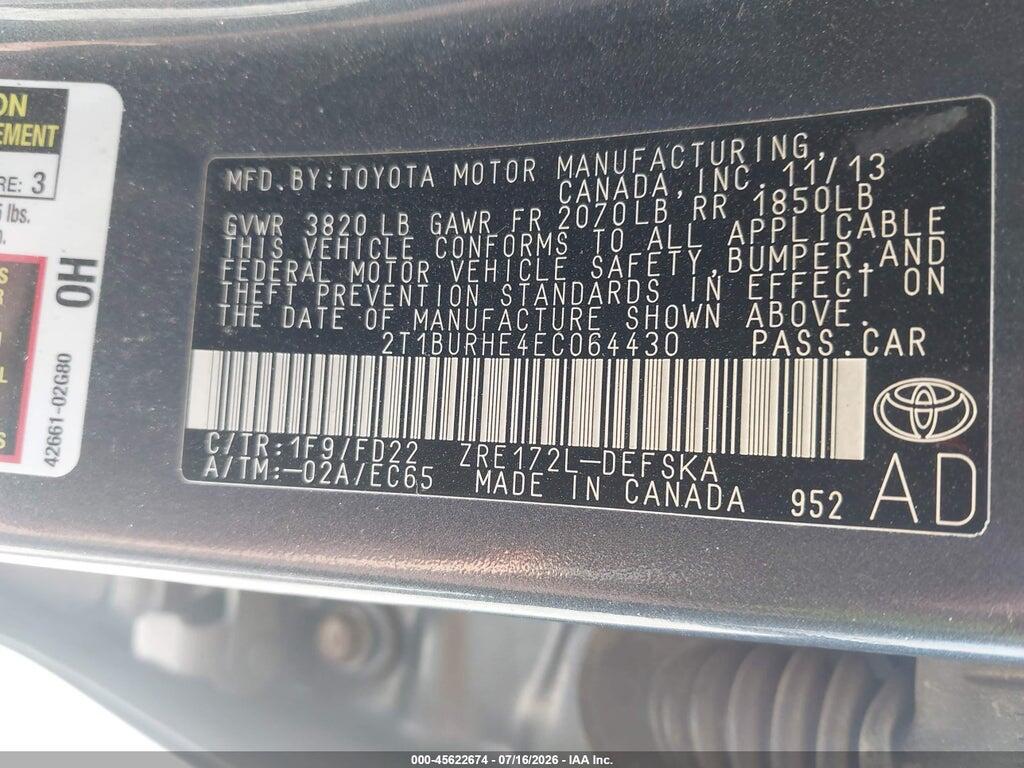 2T1BURHE4EC064430 2014 TOYOTA COROLLA photo no. 9
