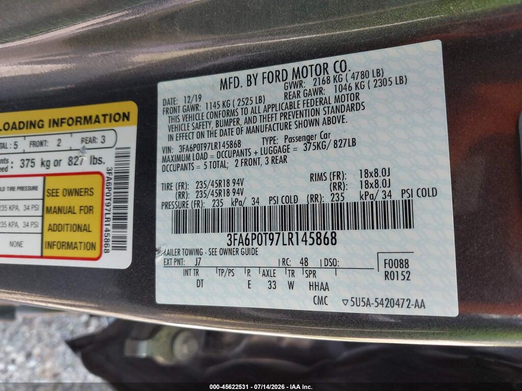 3FA6P0T97LR145868 2020 FORD FUSION photo no. 9