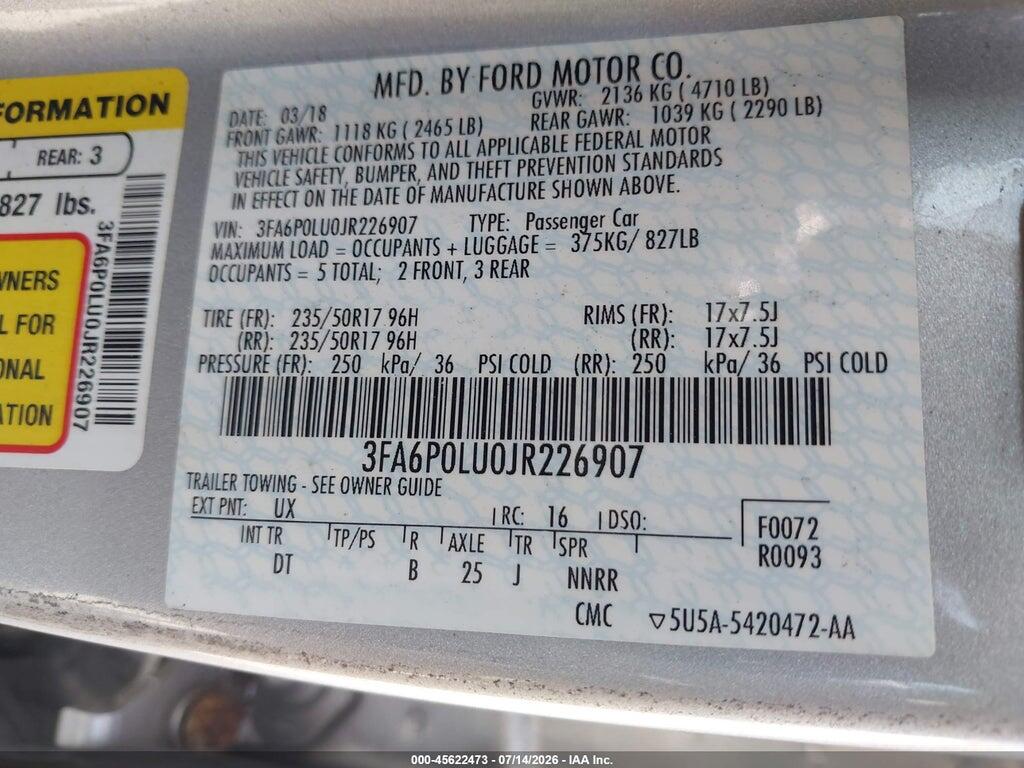 3FA6P0LU0JR226907 2018 FORD FUSION HYBRID photo no. 9