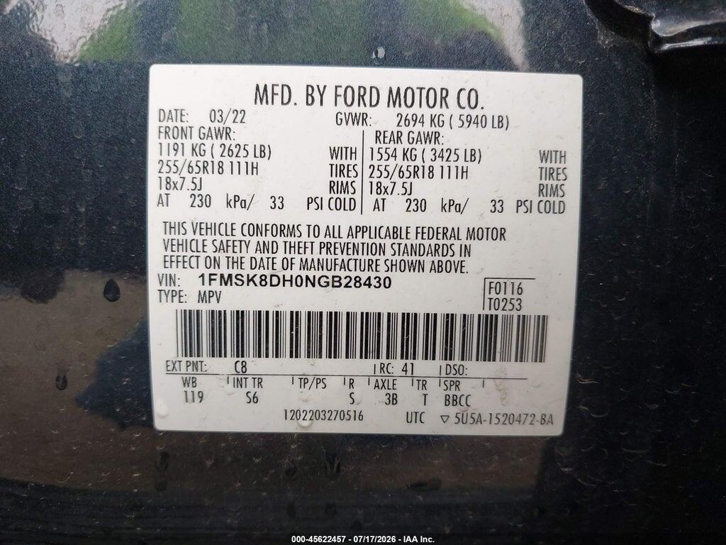 1FMSK8DH0NGB28430 2022 FORD EXPLORER photo no. 9
